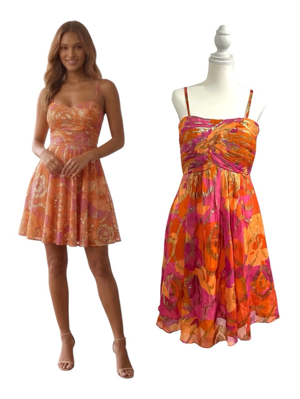 Vintage Oleg Cassini Silk Metallic Floral A-line Mini Dress Orange Pink Size 6